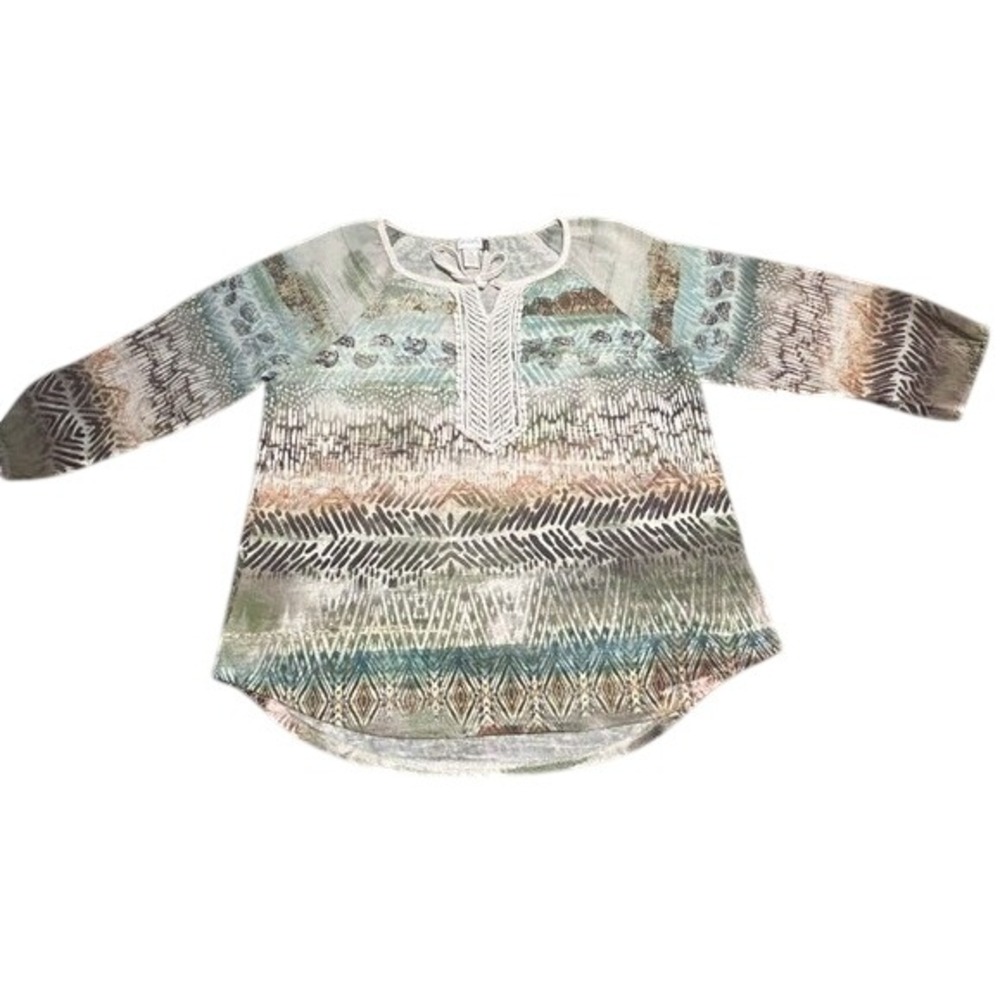 Chicos Boho Top Abstract Tribal Inspired Print Crochet Lace Artsy Size 1 Medium